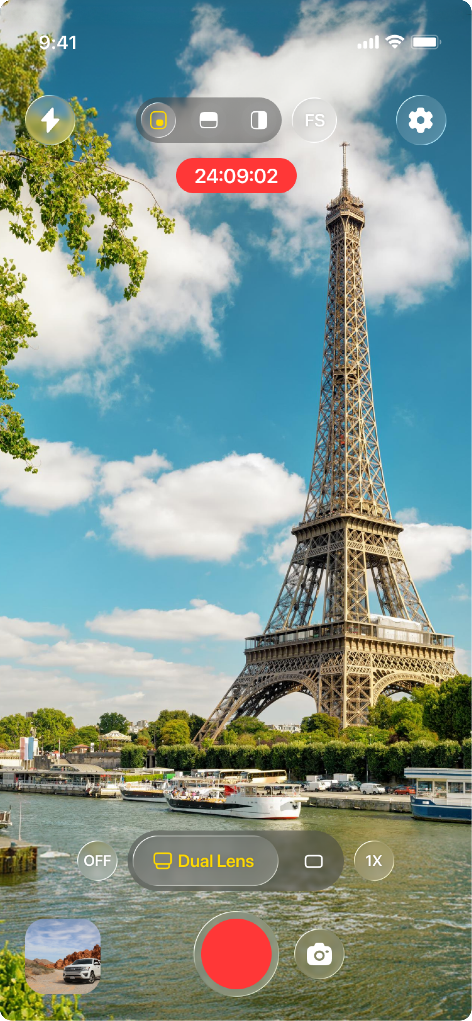 Dual Lens Capture screen showing front and back cameras recording simultaneously